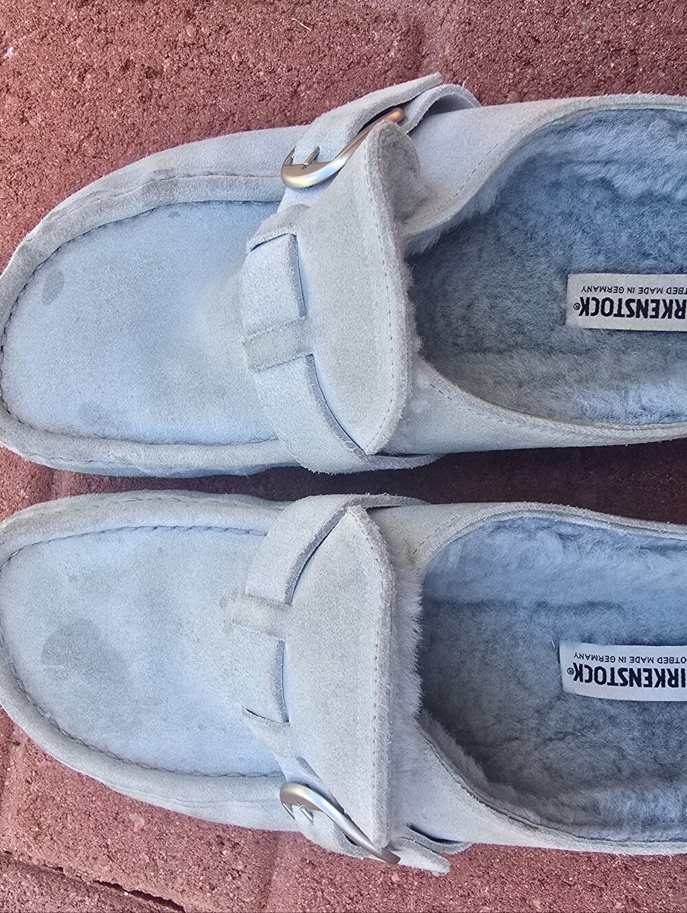 Birkenstock Women Pale Blue Suede Shearling Clog Slip-Ons with Buckle Strap